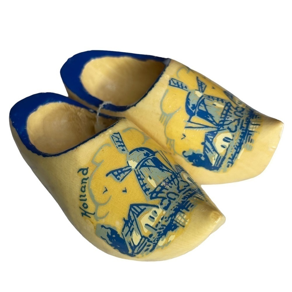 Vintage Holland Hand Carved Clogs Windmill Painted Wooden Shoes Yellow 4" Long